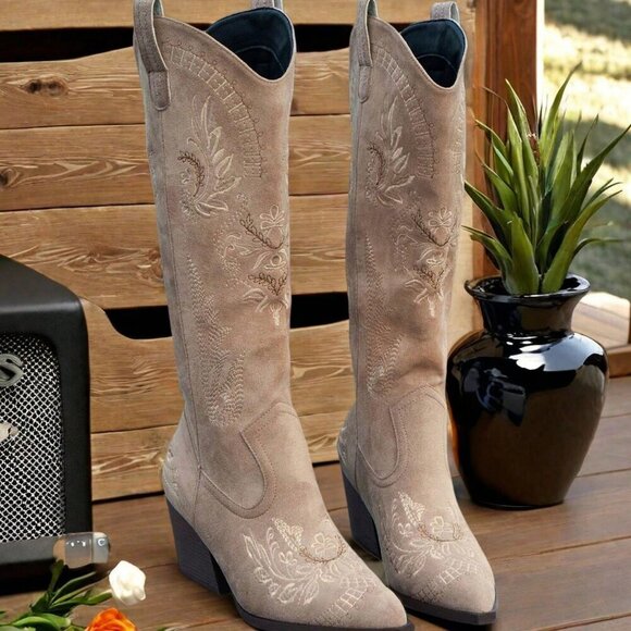 Khaki Western Women's Pointed Toe Embroidered Knee High Riding Boots - Picture 2 of 5